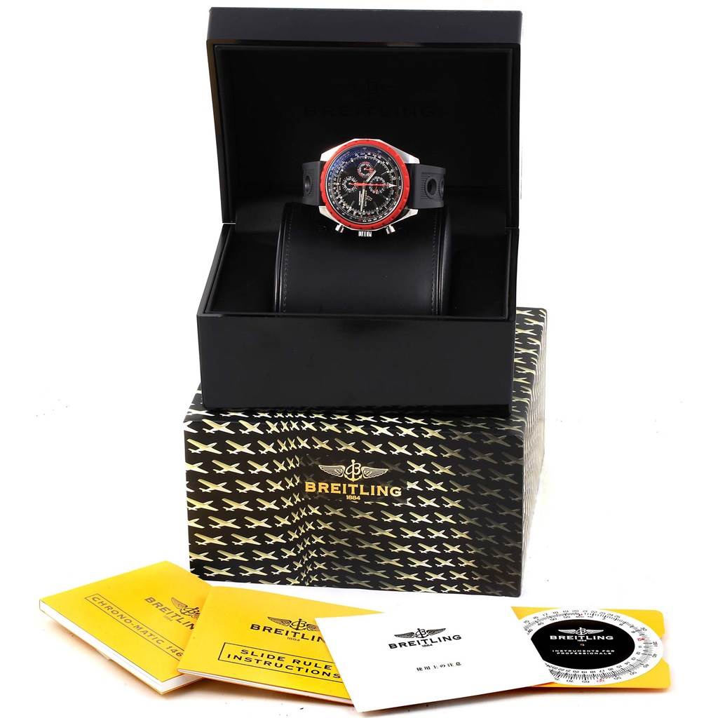 The Breitling Chronomatic A19360 Men's Stainless Steel Black Dial A19360 Men's Stainless Steel Black Dial watch is displayed front-on in a box with instruction booklets and accessories below.