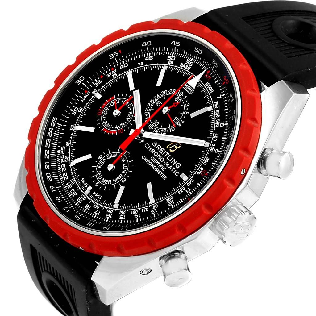 The image shows a Breitling Chronomatic A19360 Men's Stainless Steel Black Dial A19360 Men's Stainless Steel Black Dial watch from a side angle, highlighting the dial, red bezel, and the crown with push buttons.