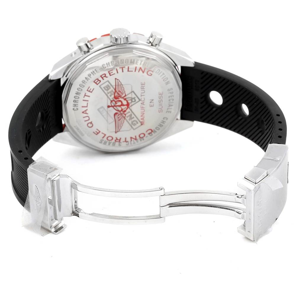 The image shows the back case and partially open clasp of a Breitling Chronomatic A19360 Men's Stainless Steel Black Dial A19360 Men's Stainless Steel Black Dial watch with a black strap.