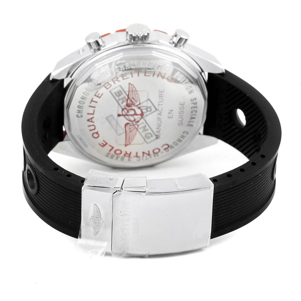 The image shows the back and side views of the Breitling Chronomatic A19360 Men's Stainless Steel Black Dial A19360 Men's Stainless Steel Black Dial watch, highlighting its clasp and strap.