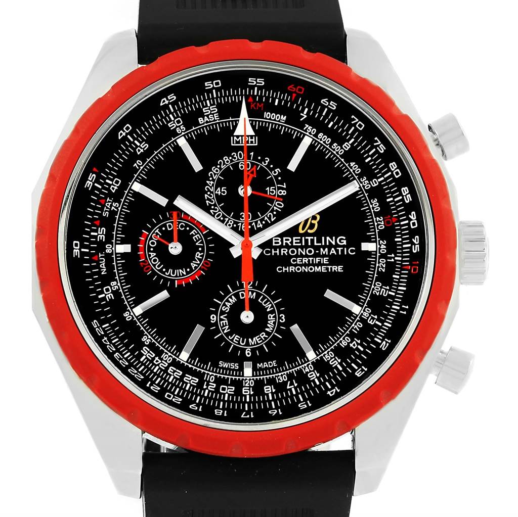 This image shows a front view of a Breitling Chronomatic A19360 Men's Stainless Steel Black Dial A19360 Men's Stainless Steel Black Dial watch, featuring its detailed dial, hands, and bezel.