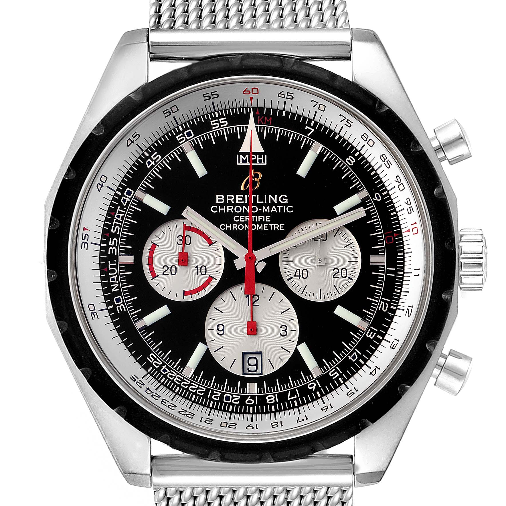 The image shows a front view of the Breitling Chronomatic A41360 Men's Stainless Steel Black Dial A41360 Men's Stainless Steel Black Dial watch, highlighting its dial and mesh bracelet.