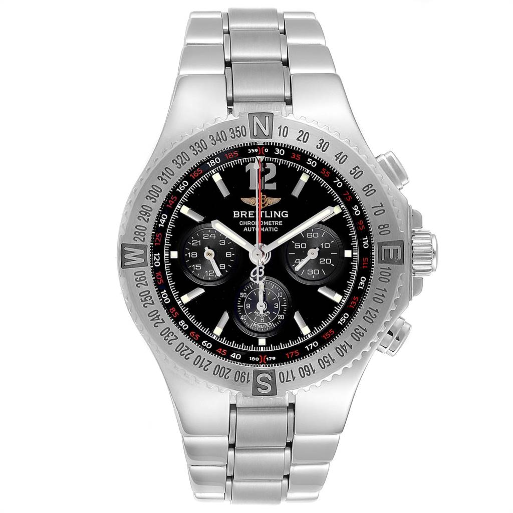 This image shows a front view of the Breitling Chronomatic A39362 Men's Stainless Steel Black Dial A39362 Men's Stainless Steel Black Dial watch, highlighting its dial, bezel, and stainless steel bracelet.