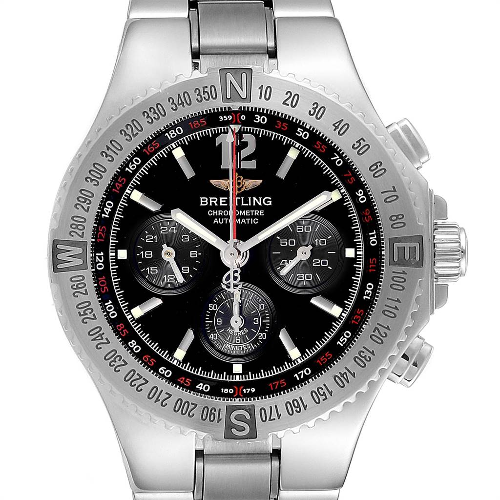 The image shows a front view of the Breitling Chronomatic A39362 Men's Stainless Steel Black Dial A39362 Men's Stainless Steel Black Dial watch, featuring its dial, bezel, and bracelet.