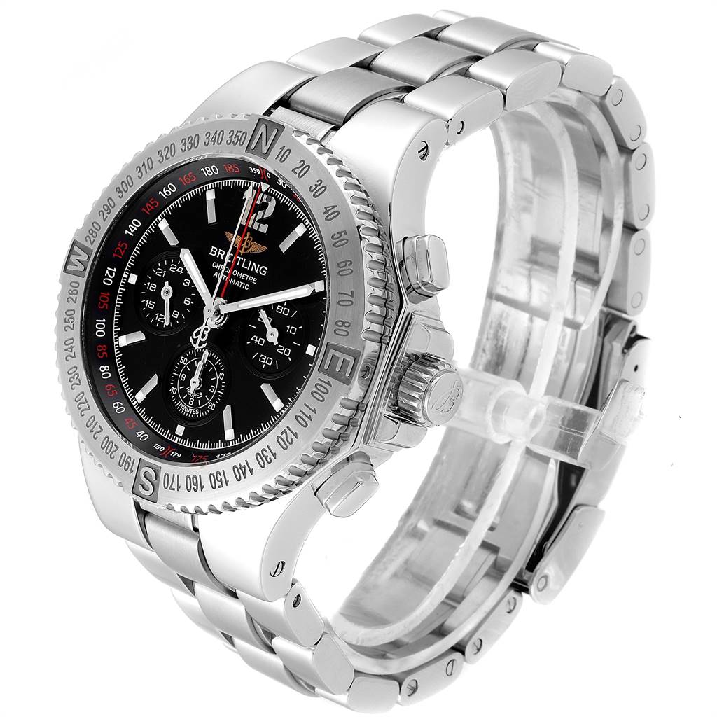 This image shows a side and partial front view of a Breitling Chronomatic A39362 Men's Stainless Steel Black Dial A39362 Men's Stainless Steel Black Dial model watch, highlighting the bracelet, crown, and bezel.