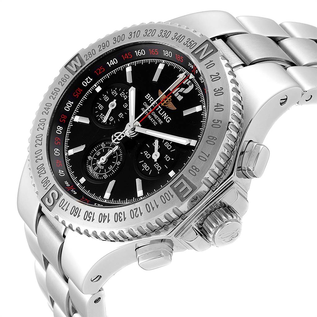 The image shows a close-up of the face and side of a Breitling Chronomatic A39362 Men's Stainless Steel Black Dial A39362 Men's Stainless Steel Black Dial watch with a black dial and stainless steel bracelet.