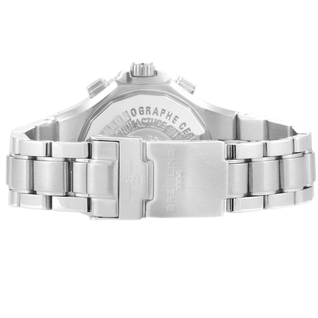 This image shows the rear view of a Breitling Chronomatic A39362 Men's Stainless Steel Black Dial A39362 Men's Stainless Steel Black Dial watch, featuring the clasp and part of the bracelet.