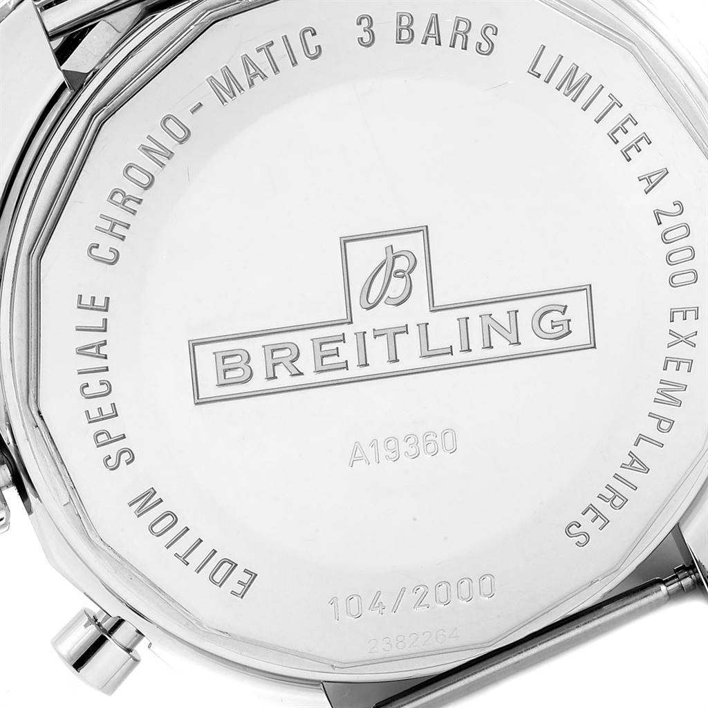 The image shows the case back of a Breitling Chronomatic A19360 Men's Stainless Steel Black Dial A19360 Men's Stainless Steel Black Dial watch, displaying model details and limited edition numbering.
