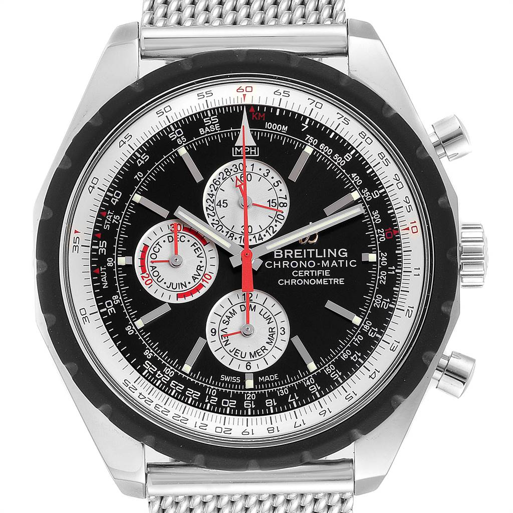 This image shows a front view of the Breitling Chronomatic A19360 Men's Stainless Steel Black Dial A19360 Men's Stainless Steel Black Dial watch, highlighting its dial, subdials, and stainless steel mesh strap.