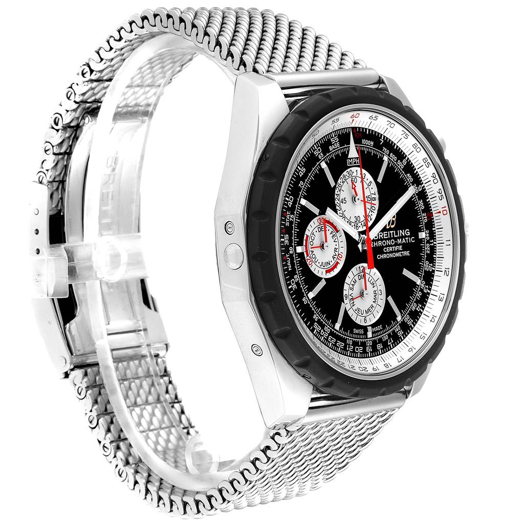 This image shows a side view of the Breitling Chronomatic A19360 Men's Stainless Steel Black Dial A19360 Men's Stainless Steel Black Dial watch, highlighting its dial, bezel, and metal mesh strap.