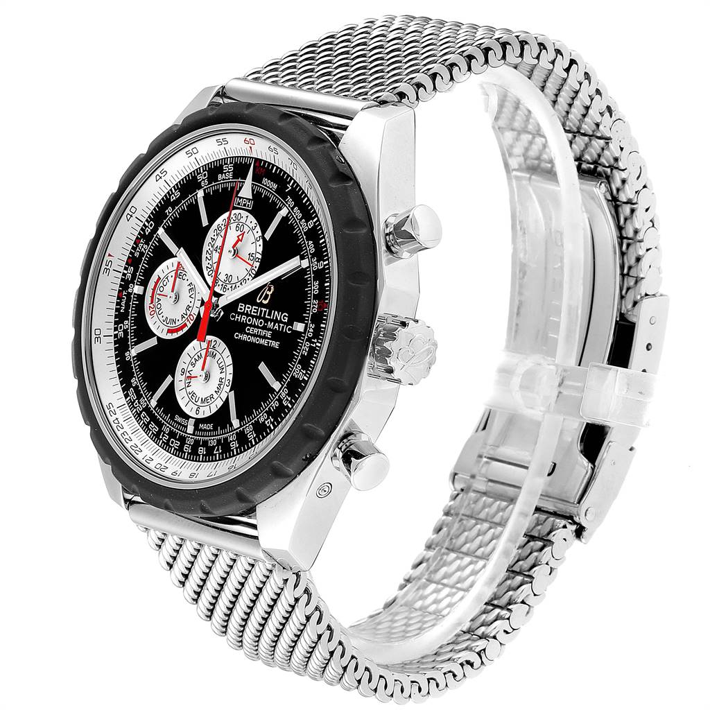 This Breitling Chronomatic A19360 Men's Stainless Steel Black Dial A19360 Men's Stainless Steel Black Dial watch is shown at an angle highlighting the face, bezel, crown, and mesh bracelet.