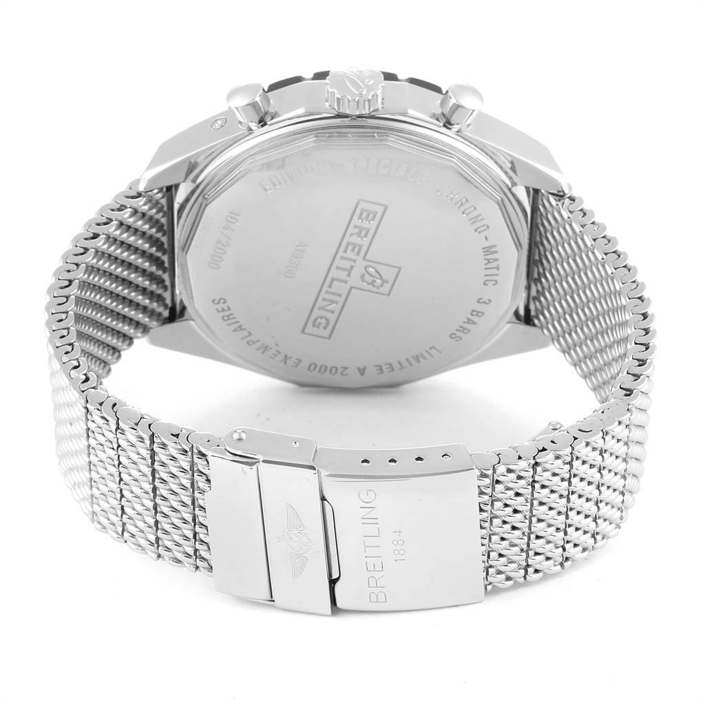 The image shows the back and mesh bracelet of a Breitling Chronomatic A19360 Men's Stainless Steel Black Dial A19360 Men's Stainless Steel Black Dial watch at an oblique rear angle.