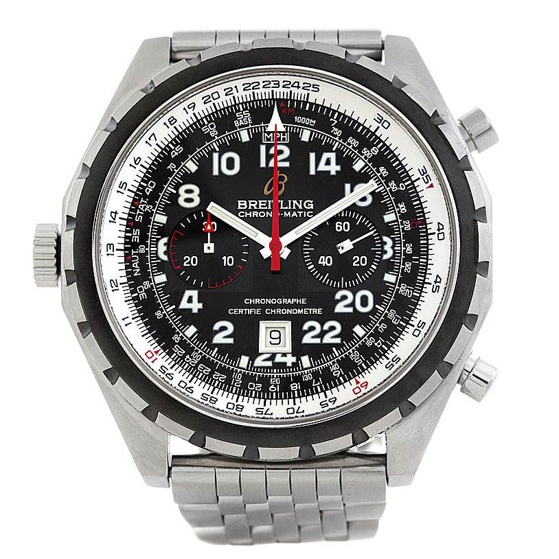 The image shows a front view of the Breitling Chronomatic A22360 Men's Stainless Steel Black Dial A22360 Men's Stainless Steel Black Dial watch, displaying its face, bezel, and part of the metal strap.