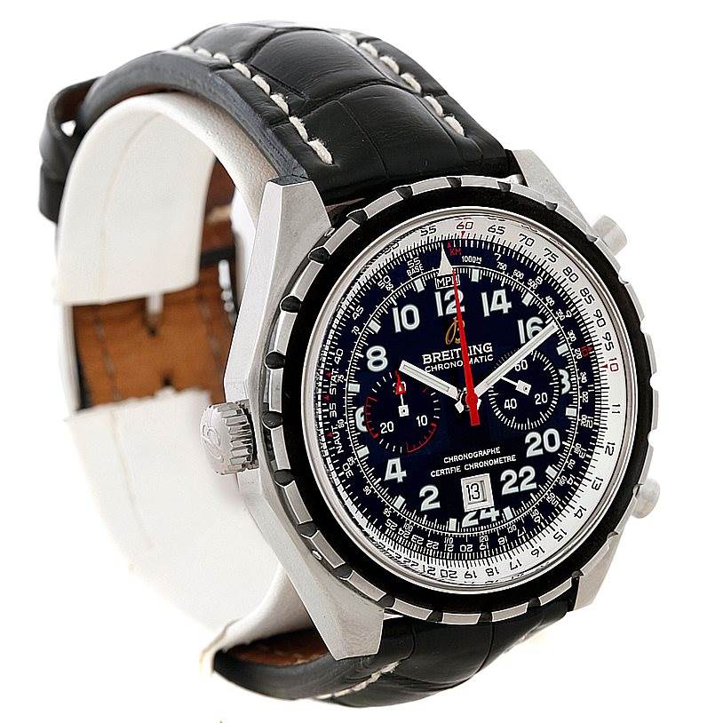 The image shows a Breitling Chronomatic A22360 Men's Stainless Steel Black Dial A22360 Men's Stainless Steel Black Dial model watch at a three-quarter angle, highlighting its face, bezel, and leather strap.