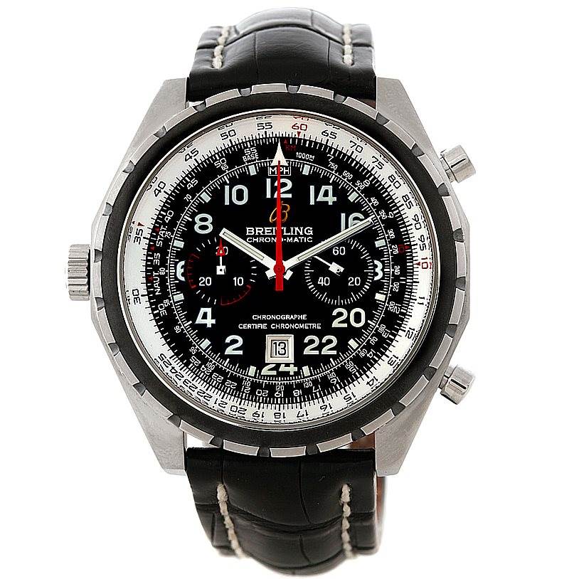 This is a front view of the Breitling Chronomatic A22360 Men's Stainless Steel Black Dial A22360 Men's Stainless Steel Black Dial watch, showcasing its face, bezel, leather strap, and chronograph dials.