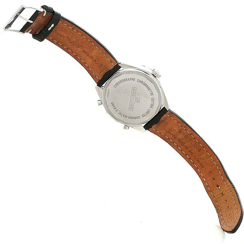 The image shows the back view of a Breitling Chronomatic A22360 Men's Stainless Steel Black Dial A22360 Men's Stainless Steel Black Dial watch with a leather strap and clasp.