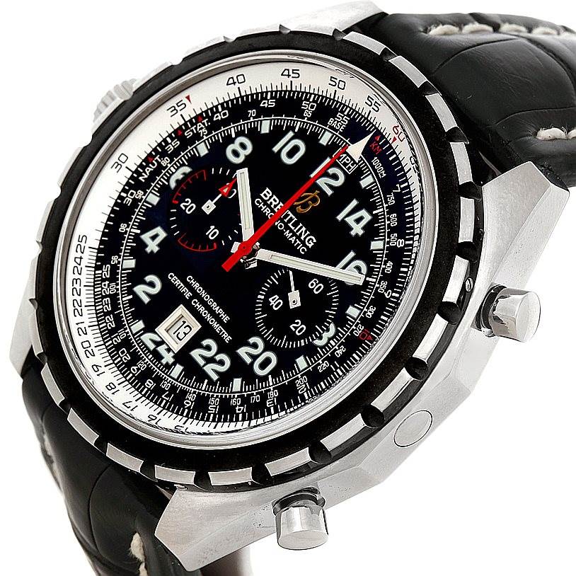 The image shows a close-up of the dial, bezel, and part of the strap of a Breitling Chronomatic A22360 Men's Stainless Steel Black Dial A22360 Men's Stainless Steel Black Dial watch.