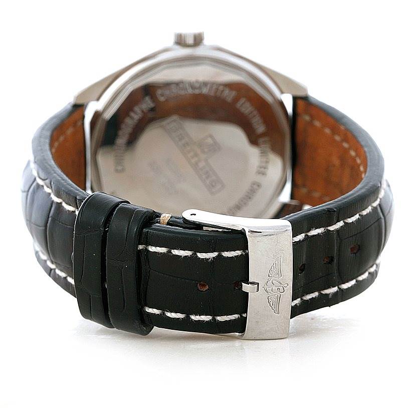 The image shows the backside of a Breitling Chronomatic A22360 Men's Stainless Steel Black Dial A22360 Men's Stainless Steel Black Dial watch, focusing on the strap and clasp.