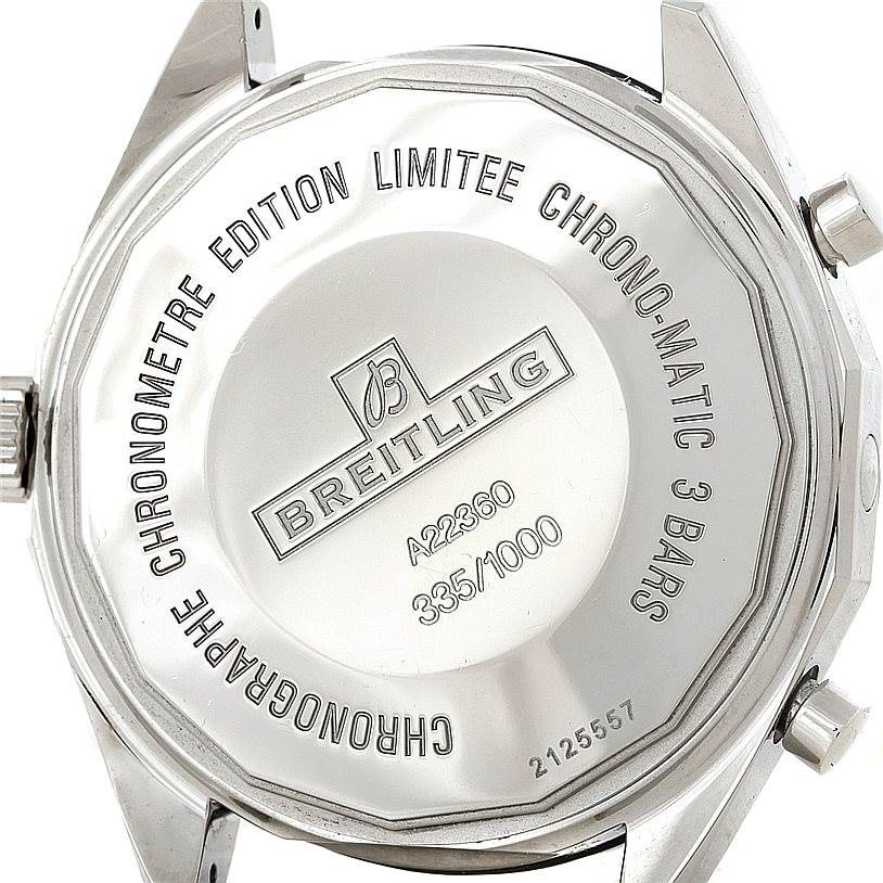 This is the back view of a Breitling Chronomatic A22360 Men's Stainless Steel Black Dial A22360 Men's Stainless Steel Black Dial model watch, showing the case back with engravings.