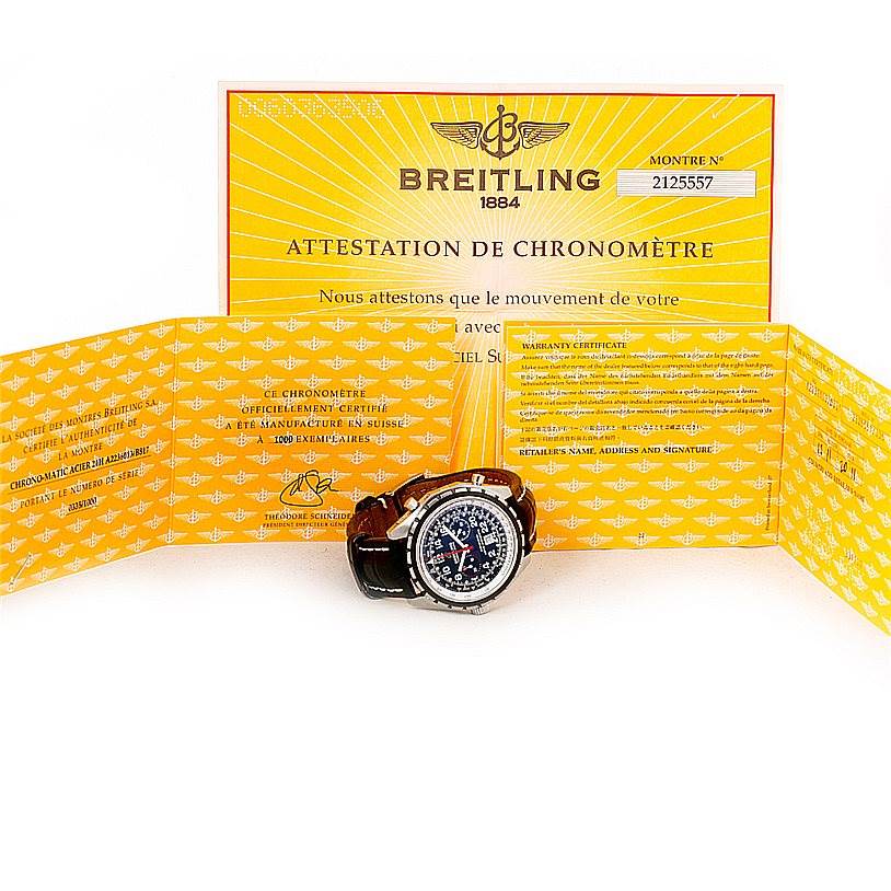 The Breitling Chronomatic A22360 Men's Stainless Steel Black Dial A22360 Men's Stainless Steel Black Dial watch is shown front-facing along with its certification documents.