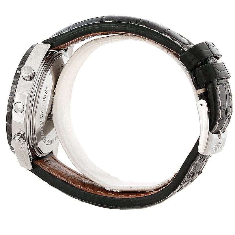 The image shows a side view of the Breitling Chronomatic A22360 Men's Stainless Steel Black Dial A22360 Men's Stainless Steel Black Dial watch, highlighting the case back, crown, and black leather strap with a buckle.