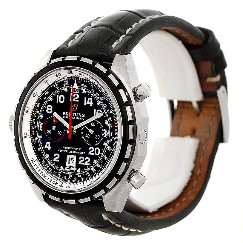 The image shows a Breitling Chronomatic A22360 Men's Stainless Steel Black Dial A22360 Men's Stainless Steel Black Dial watch at a slight side angle, displaying its face, crown, pushers, and leather strap.