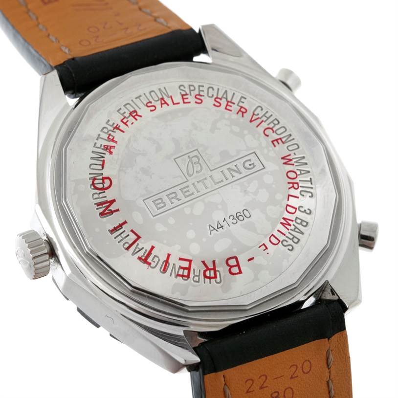 This image shows the back case of a Breitling Chronomatic A41360 Men's Stainless Steel Black Dial A41360 Men's Stainless Steel Black Dial watch, displaying branding and model details.