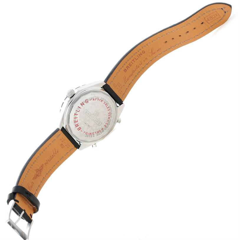 The image shows the back case and leather straps of a Breitling Chronomatic A41360 Men's Stainless Steel Black Dial A41360 Men's Stainless Steel Black Dial watch from a top-down angle.