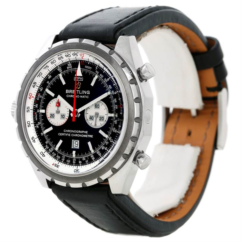 This image shows a Breitling Chronomatic A41360 Men's Stainless Steel Black Dial A41360 Men's Stainless Steel Black Dial model watch from an angled front view, highlighting the dial, bezel, case, and strap.