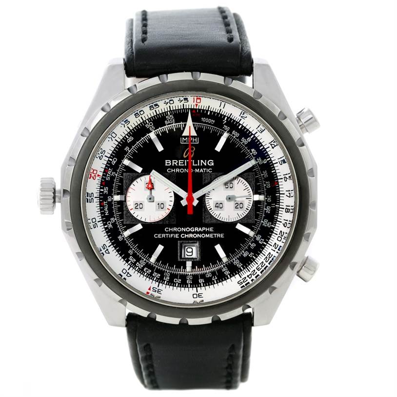 This image shows a front view of the Breitling Chronomatic A41360 Men's Stainless Steel Black Dial A41360 Men's Stainless Steel Black Dial watch, highlighting its dial, subdials, and leather strap.