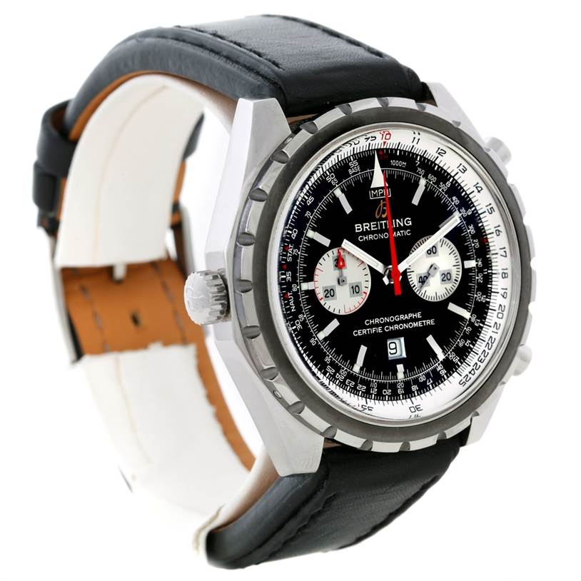 The image shows a Breitling Chronomatic A41360 Men's Stainless Steel Black Dial A41360 Men's Stainless Steel Black Dial watch viewed from an angled perspective, displaying its face, bezel, crown, and leather strap.