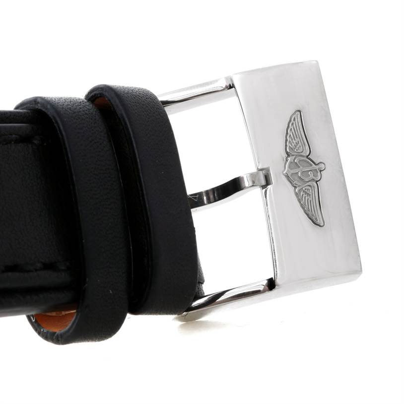 The image shows the buckle and strap of a Breitling Chronomatic A41360 Men's Stainless Steel Black Dial A41360 Men's Stainless Steel Black Dial watch at a close-up angle.