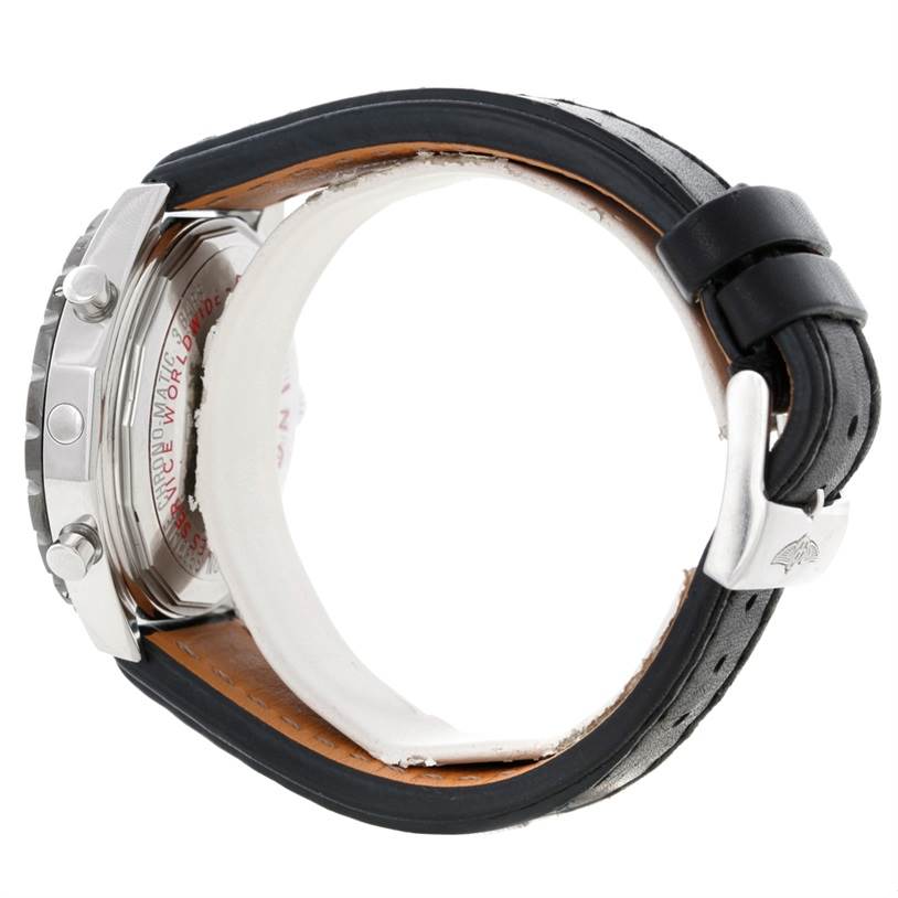 This side angle view of the Breitling Chronomatic A41360 Men's Stainless Steel Black Dial A41360 Men's Stainless Steel Black Dial watch shows the case, pushers, crown, and leather strap with buckle.