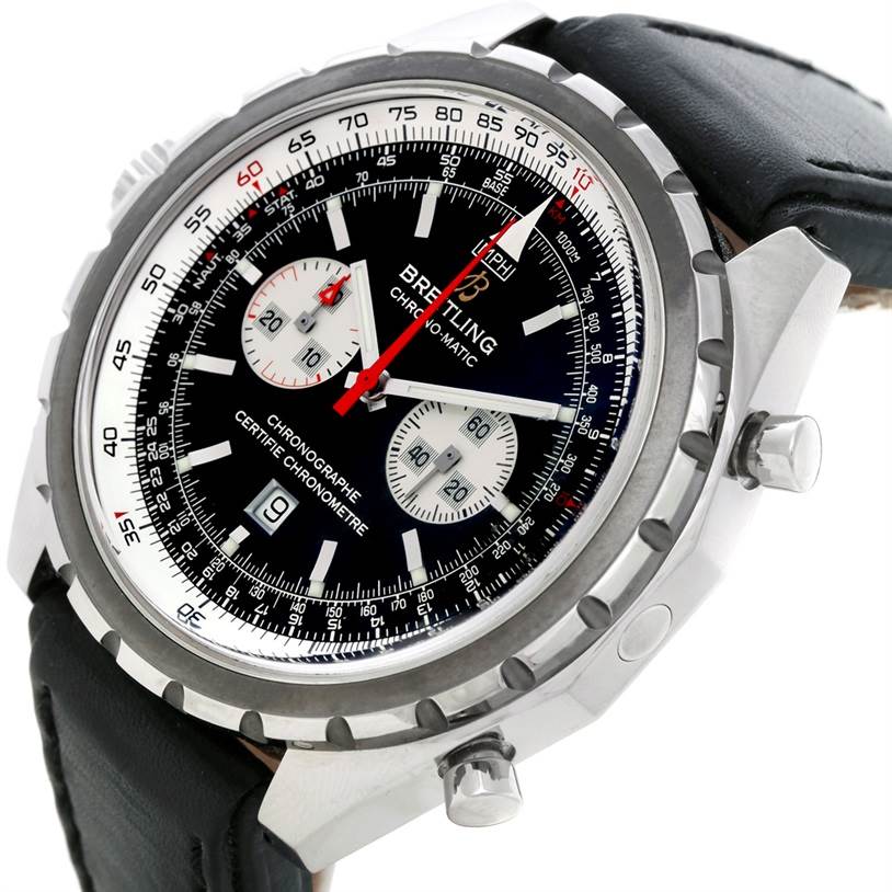 This image shows the front of a Breitling Chronomatic A41360 Men's Stainless Steel Black Dial A41360 Men's Stainless Steel Black Dial watch at a slight angle, detailing its black dial and three subdials.