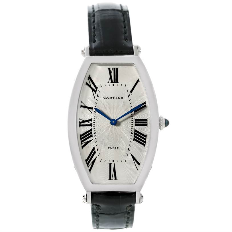 The Cartier Tonneau W1546351 Women's Platinum Silver Dial W1546351 Women's Platinum Silver Dial watch is shown from a front view, highlighting its face, bezel, and leather strap.