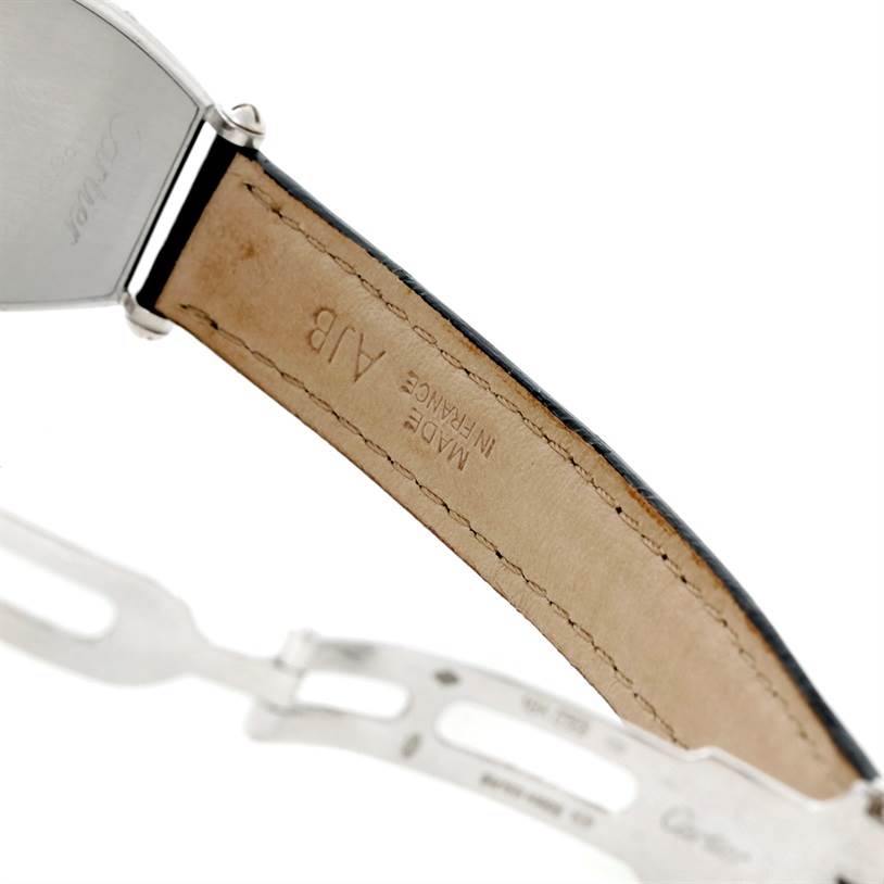 The image shows the clasp and inner leather strap of a Cartier Tonneau W1546351 Women's Platinum Silver Dial W1546351 Women's Platinum Silver Dial watch, viewed from an angle that highlights the "Made in France" inscription.