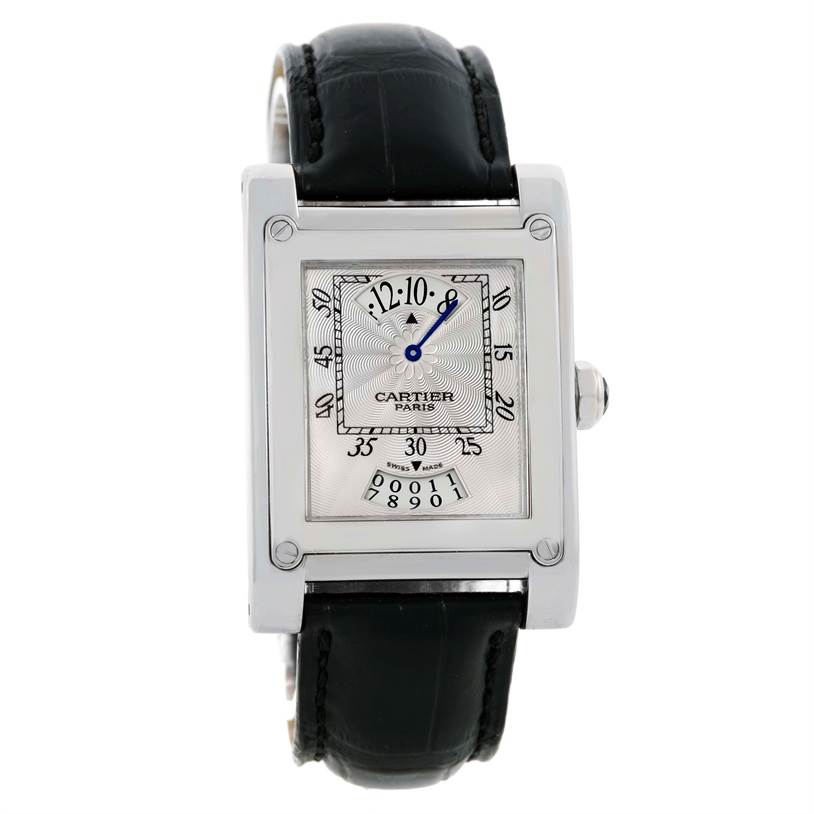 The image shows the Cartier Tank à Vis watch from a front angle, highlighting its dial, case, and black leather strap.