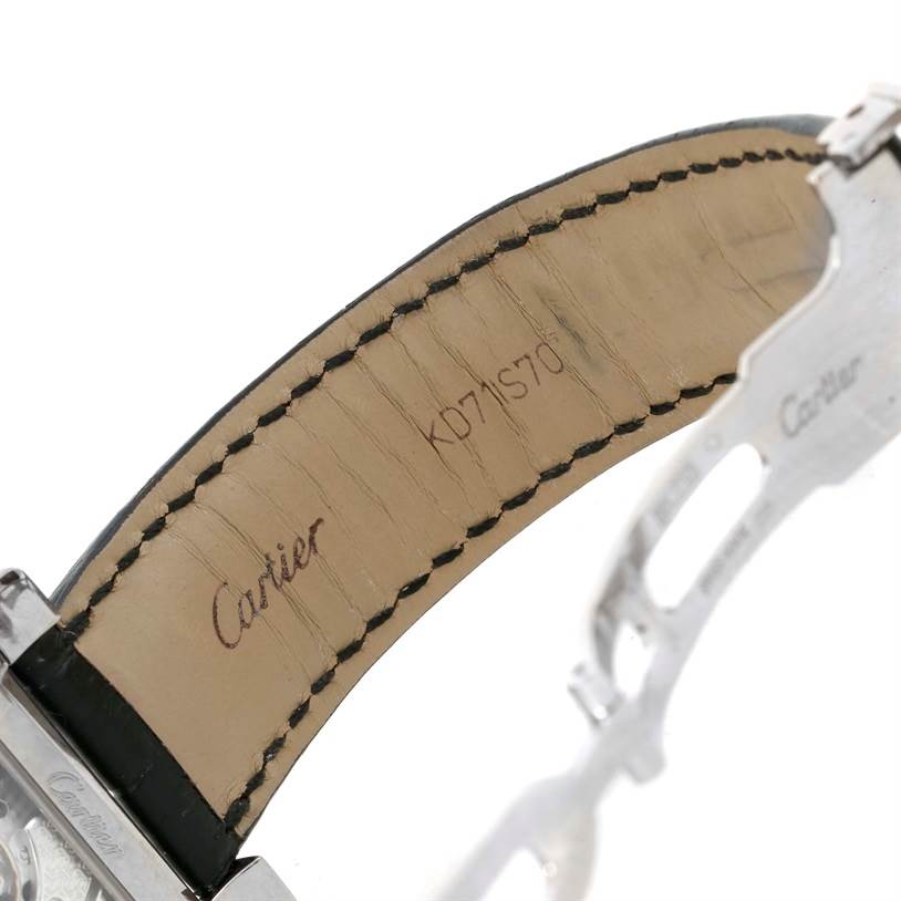 This image shows the interior leather band and metal clasp of a Cartier Tank A Vis W1533451 Men's White Gold Silver Dial W1533451 Men's White Gold Silver Dial watch.