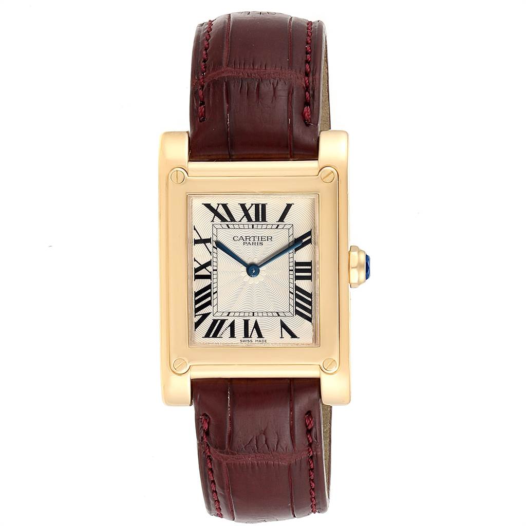 This image shows a front view of the Cartier Tank A Vis W1539951 Men's Yellow Gold Silver Dial W1539951 Men's Yellow Gold Silver Dial watch, featuring its rectangular dial, roman numerals, and brown leather strap.