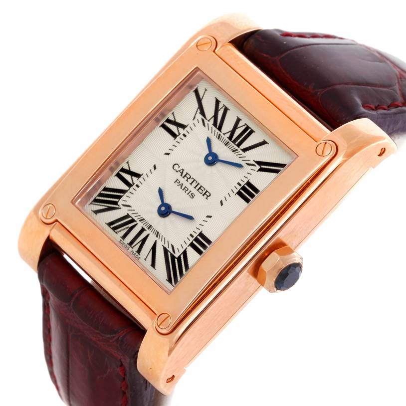The image shows the face and crown of the Cartier Tank A Vis W1537651 Men's Rose Gold Silver Dial W1537651 Men's Rose Gold Silver Dial watch from an oblique angle.