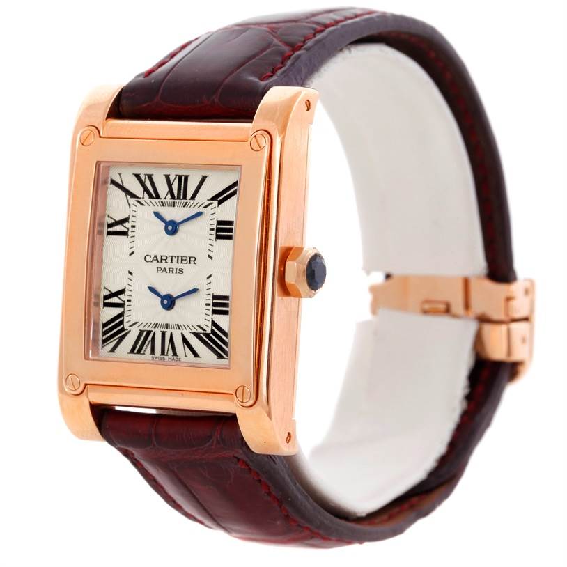 This Cartier Tank A Vis W1537651 Men's Rose Gold Silver Dial W1537651 Men's Rose Gold Silver Dial watch is shown at a slightly oblique angle, highlighting its face, strap, and crown.