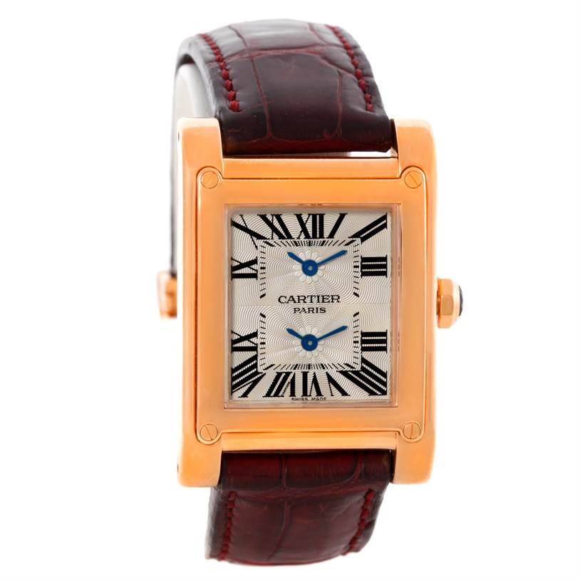This Cartier Tank A Vis W1537651 Men's Rose Gold Silver Dial W1537651 Men's Rose Gold Silver Dial watch is shown from a frontal angle, highlighting its dial, case, and leather strap.