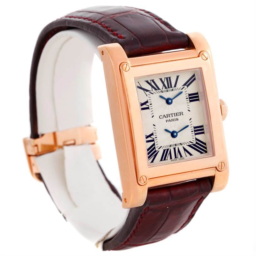 This Cartier Tank A Vis W1537651 Men's Rose Gold Silver Dial W1537651 Men's Rose Gold Silver Dial watch is shown at a slight angle, highlighting the rectangular dial and brown leather strap.
