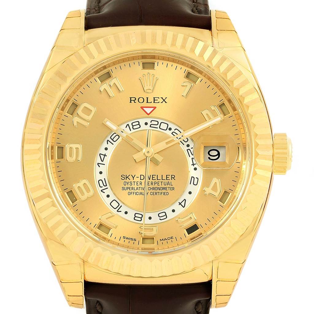 This image shows a Rolex Sky-Dweller 326138 Men's Yellow Gold Champagne Dial 326138 Men's Yellow Gold Champagne Dial watch from the front, highlighting the dial, bezel, hour markers, hands, date window, and crown.