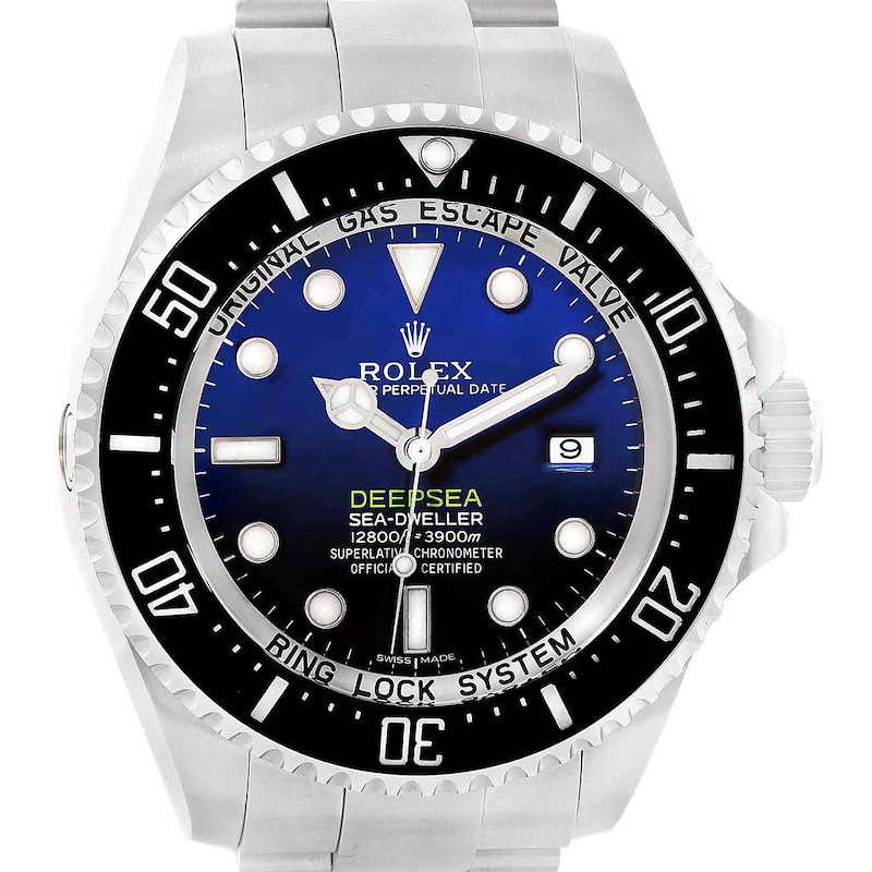 The image shows the front view of the Rolex Sea-Dweller watch, highlighting the dial, bezel, and part of the bracelet.