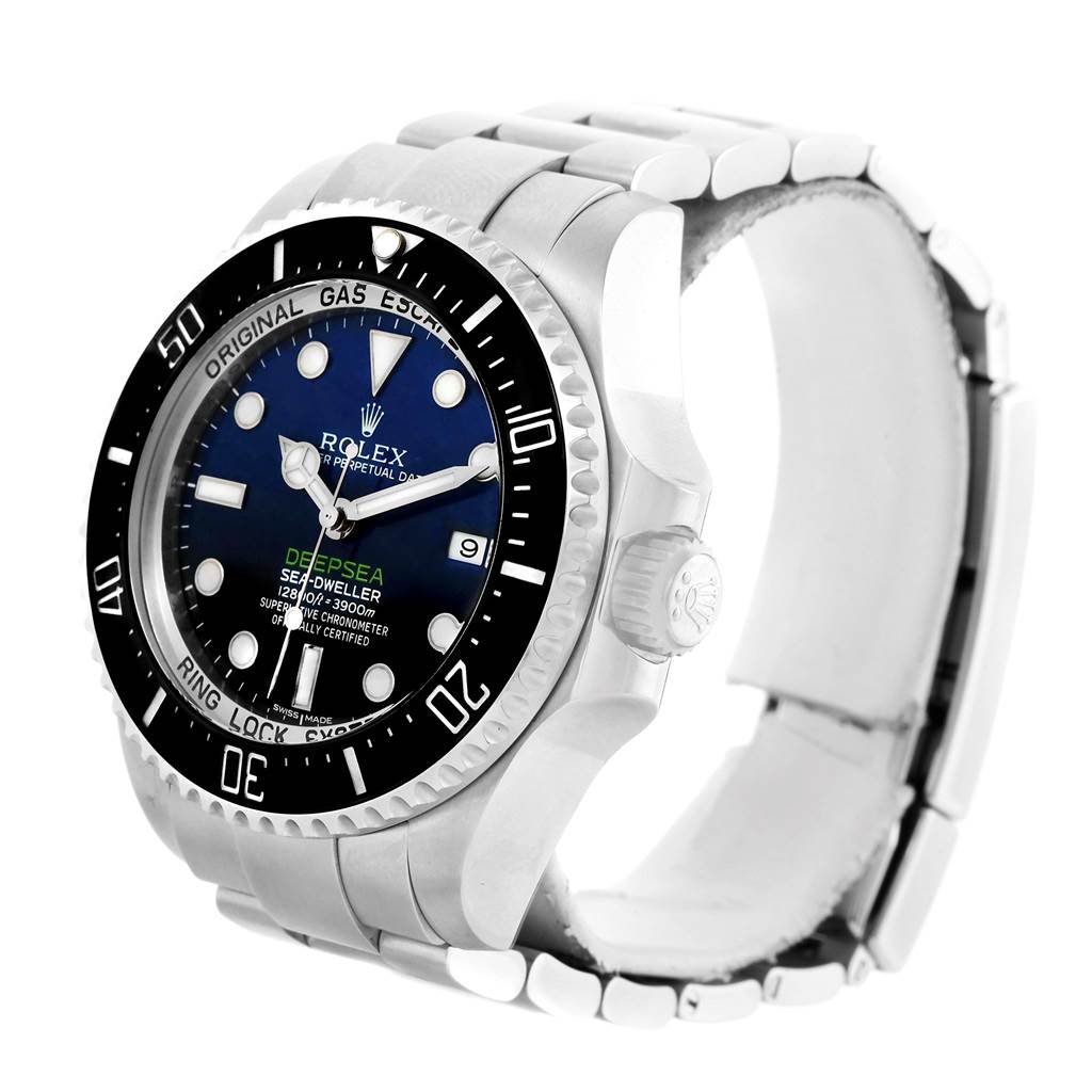 The image shows a side angle of the Rolex Sea-Dweller 116660 Men's Stainless Steel Blue Dial 116660 Men's Stainless Steel Blue Dial watch, highlighting the watch face, bezel, crown, and part of the bracelet.