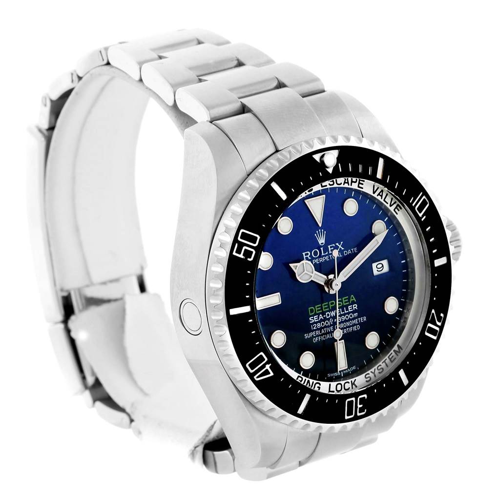 This image shows a Rolex Sea-Dweller 116660 Men's Stainless Steel Blue Dial 116660 Men's Stainless Steel Blue Dial watch at an angle highlighting the face, bezel, and part of the stainless steel bracelet.