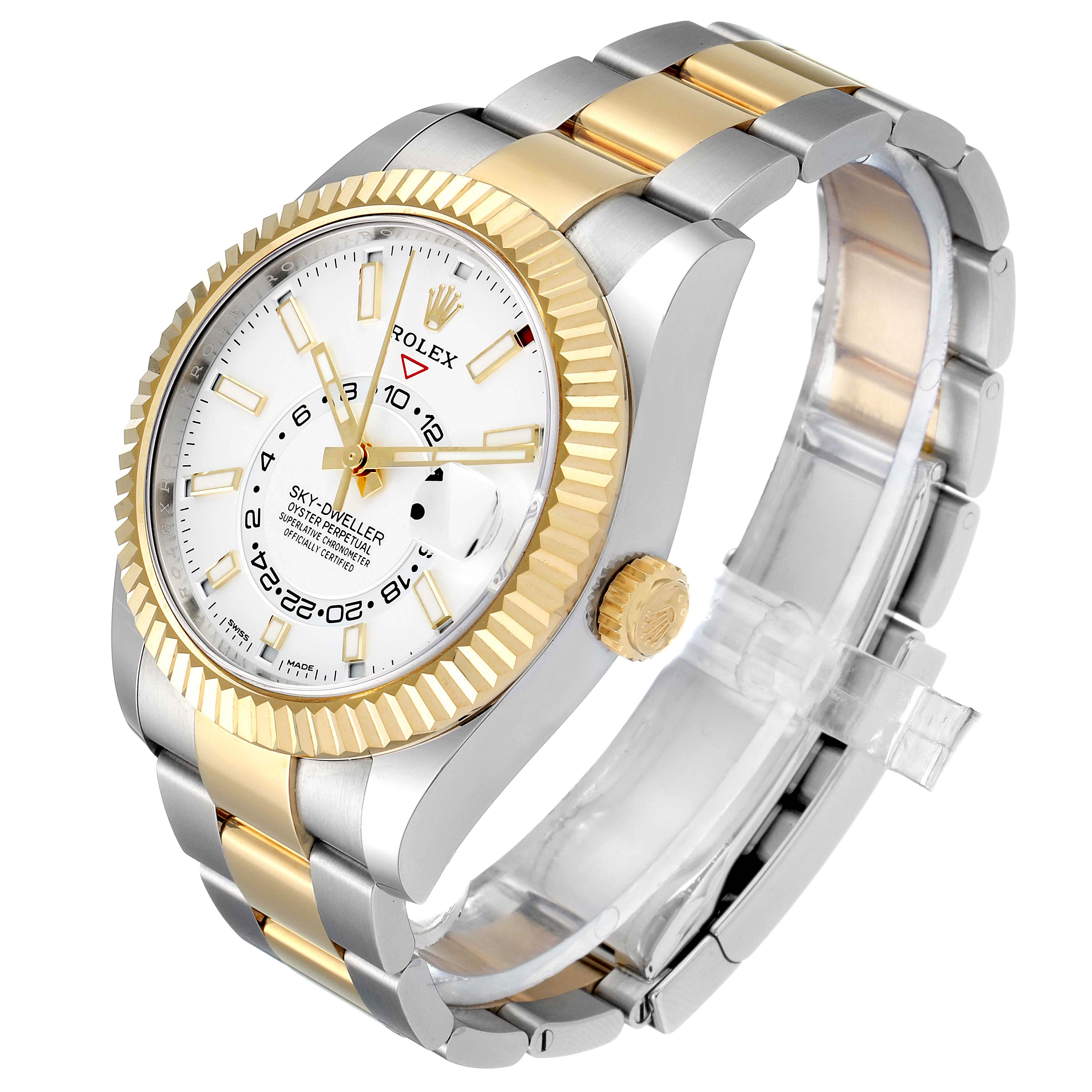 A Rolex Sky-Dweller 326933 Men's Steel and Gold (two tone) White Dial 326933 Men's Steel and Gold (two tone) White Dial watch is shown from an angled side view, highlighting its two-tone band, bezel, and face.