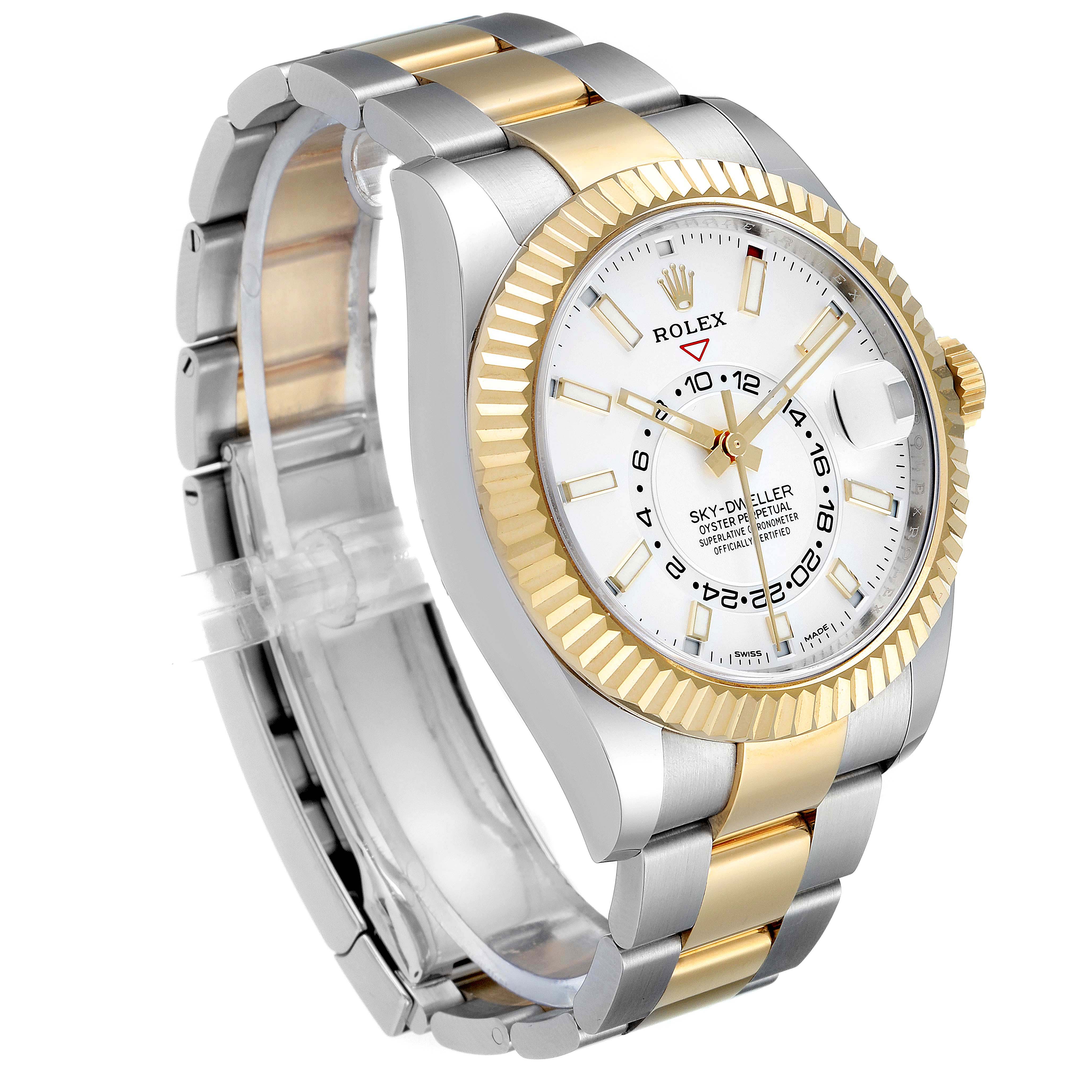The image shows a Rolex Sky-Dweller 326933 Men's Steel and Gold (two tone) White Dial 326933 Men's Steel and Gold (two tone) White Dial watch at a slight angle, highlighting its gold fluted bezel, white dial, and two-tone bracelet.