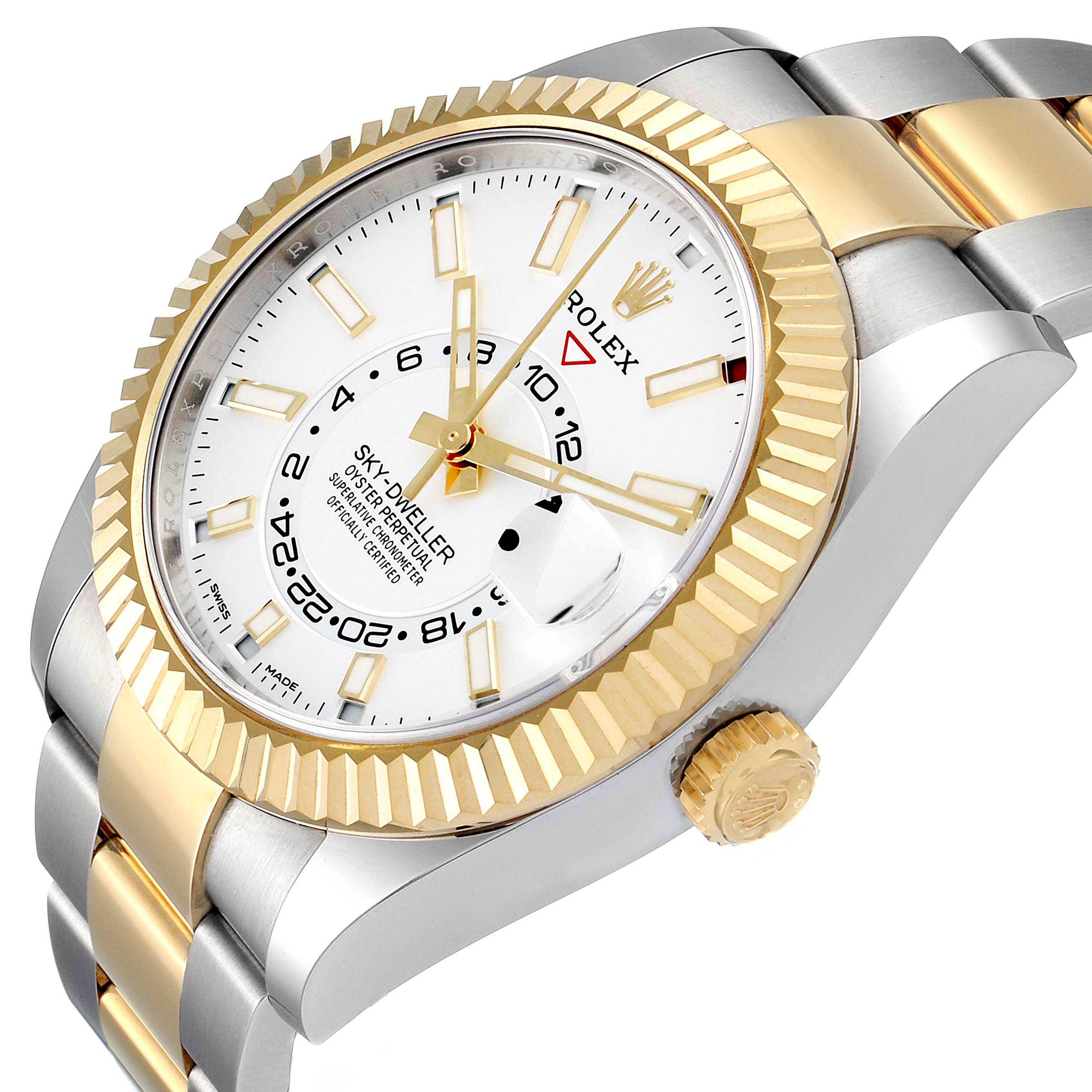 The image shows a Rolex Sky-Dweller 326933 Men's Steel and Gold (two tone) White Dial 326933 Men's Steel and Gold (two tone) White Dial watch at a slight angle, highlighting its gold bezel, white dial, and two-tone bracelet.